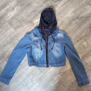 Delia's Women's Juniors Distressed Denim Zip Up Jacket With Hood Sz.L